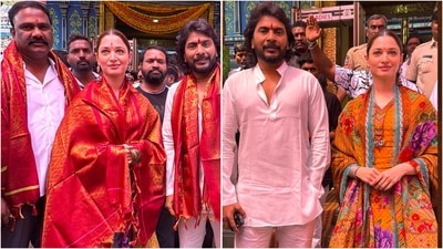 Tamannaah Bhatia seeks blessings at a temple, sporting a beautiful yellow ethnic suit. (Instagram) Tamannaah Bhatia seeks blessings at a temple, sporting a beautiful yellow ethnic suit. (Instagram)