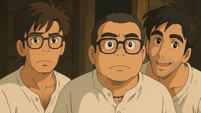 Three fan favourite characters from Hera Pheri--Shyam (Suniel Shetty), Babu Bhaiya (Paresh Rawal) and Raju (Akshay Kumar) featured in another Ghibli-styled image. Directed by Priyadarshan, it released in 2000. 
