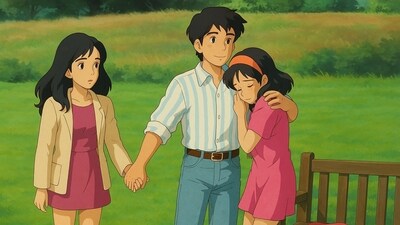 Rahul (Shah Rukh Khan) wrapped his arm around an emotional Tina (Kajol) as he held Tina's (Rani Mukherji) hand in a Ghibli-styled image from Kuch Kuch Hota Hai. Released in 1998, it was directed by Karan Johar. 
