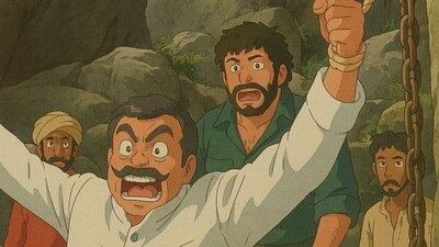 Thakur Baldev Singh (Sanjeev Kumar) had his hands tied as Gabbar Singh (Amjad Khan) stood behind him in a Ghibli-styled image from Sholay, a 1975 film directed by Ramesh Sippy. 