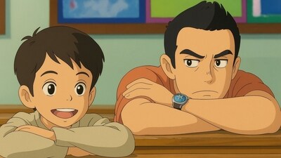 Ishaan (Darsheel Safary) and his teacher Ram Shankar Nikumbh (Aamir Khan) sit behind each other in this Ghibli-styled makeover from Taare Zameen Par (2007). 