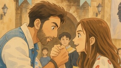 Ved (Ranbir Kapoor) and Tara (Deepika Padukone) get a Ghibli makeover in a scene from Tamasha (2015). 
