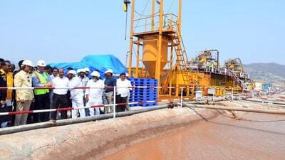 Andhra Pradesh chief minister N Chandrababu Naidu inspects the Polavaram Project construction work, at Polavaram in Eluru on Thursday. (ANI) Andhra Pradesh chief minister N Chandrababu Naidu inspects the Polavaram Project construction work, at Polavaram in Eluru on Thursday. (ANI)