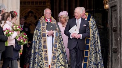 Britain's King Charles III and Queen Camilla leave after attending the annual Commonwealth Day Service of Celebration at Westminster Abbey, in London, Monday March 10, 2025. (Yui Mok/Pool Photo via AP) (AP) Britain's King Charles III and Queen Camilla leave after attending the annual Commonwealth Day Service of Celebration at Westminster Abbey, in London, Monday March 10, 2025. (Yui Mok/Pool Photo via AP) (AP)