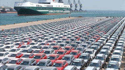 Cars wait to be loaded onto the Eco Napoli, a hybrid Ro-ro ship built by Jinling Shipping in Nanjing for the Grimaldi Group, at the port in Yantai, in China's eastern Shandong province on March 26, 2025. (AFP) Cars wait to be loaded onto the Eco Napoli, a hybrid Ro-ro ship built by Jinling Shipping in Nanjing for the Grimaldi Group, at the port in Yantai, in China's eastern Shandong province on March 26, 2025. (AFP)