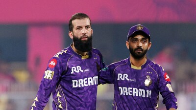 Moeen Ali with KKR captain Ajinkya Rahane after dismissing Yashasvi Jaiswal. (REUTERS)
