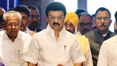 Chennai: Tamil Nadu chief minister MK Stalin, with other leaders ahead of the first Joint Action Committee (JAC) meeting of states over the proposed delimitation of parliamentary seats by the Centre, on March 22 (PTI FILE) Chennai: Tamil Nadu chief minister MK Stalin, with other leaders ahead of the first Joint Action Committee (JAC) meeting of states over the proposed delimitation of parliamentary seats by the Centre, on March 22 (PTI FILE)