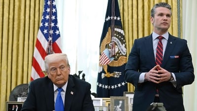 US President Donald Trump listens as Secretary of Defense Pete Hegseth speaks during an event in the Oval Office of the White House in Washington, DC, on March 21, 2025. (AFP file) US President Donald Trump listens as Secretary of Defense Pete Hegseth speaks during an event in the Oval Office of the White House in Washington, DC, on March 21, 2025. (AFP file)