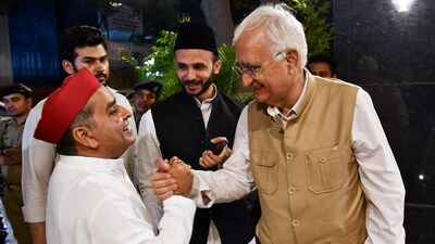 Congress leader Salman Khurshid with Samajwadi Party MP Dharmendra Yadav and Ziaur Rahman Barq attend an Iftar party organised by Congress MP Imran Pratapgarhi at his residence in New Delhi. (ANI) Congress leader Salman Khurshid with Samajwadi Party MP Dharmendra Yadav and Ziaur Rahman Barq attend an Iftar party organised by Congress MP Imran Pratapgarhi at his residence in New Delhi. (ANI)