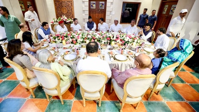 Leader of Opposition in the Lok Sabha and Congress MP Rahul Gandhi with Samajwadi Party MP Dharmendra Yadav, AAP MP Sanjay Singh and others attend an Iftar party hosted by Congress MP Imran Pratapgarhi at his residence, in New Delhi. (ANI ) Leader of Opposition in the Lok Sabha and Congress MP Rahul Gandhi with Samajwadi Party MP Dharmendra Yadav, AAP MP Sanjay Singh and others attend an Iftar party hosted by Congress MP Imran Pratapgarhi at his residence, in New Delhi. (ANI )
