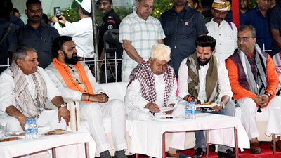 Bihar Chief Minister Nitish Kumar, along with Union Minister Chirag Paswan, during an Iftar party, in Patna on Monday. (ANI) Bihar Chief Minister Nitish Kumar, along with Union Minister Chirag Paswan, during an Iftar party, in Patna on Monday. (ANI)