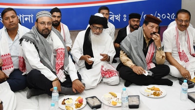Asom Gana Parishad (AGP) President Atul Bora and the Party's working President Keshab Mahanata during an Iftar party organised by the party, at Hazimusafir Khana in Guwahati. (ANI) Asom Gana Parishad (AGP) President Atul Bora and the Party's working President Keshab Mahanata during an Iftar party organised by the party, at Hazimusafir Khana in Guwahati. (ANI)