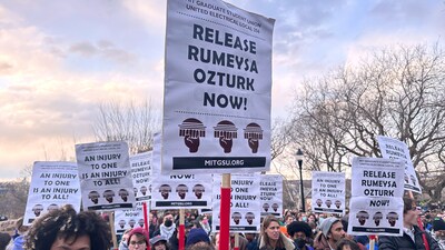 Hundreds of people gather in Somerville, Mass. to demand the release of Rumeysa Ozturk, a Turkish student at Tufts University, who was arrested by federal agents Tuesday night. (AP Photo/Michael Casey) Hundreds of people gather in Somerville, Mass. to demand the release of Rumeysa Ozturk, a Turkish student at Tufts University, who was arrested by federal agents Tuesday night. (AP Photo/Michael Casey)