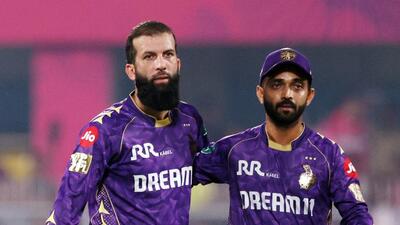 Kolkata Knight Riders's Moeen Ali celebrates with skipper Ajinkya Rahane during their match against RR in Guwahati. (REUTERS) Kolkata Knight Riders's Moeen Ali celebrates with skipper Ajinkya Rahane during their match against RR in Guwahati. (REUTERS)