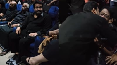 Mohanlal and Mallika Sukumaran watched L2 Empuraan in theatre with fans, Mohanlal and Mallika Sukumaran watched L2 Empuraan in theatre with fans,