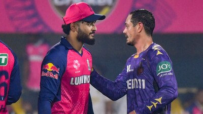 Kolkata Knight Riders' batter Quinton de Kock greets Rajasthan Royals' captain Riyan Parag after KKR's win on Wednesday (PTI) Kolkata Knight Riders' batter Quinton de Kock greets Rajasthan Royals' captain Riyan Parag after KKR's win on Wednesday (PTI)