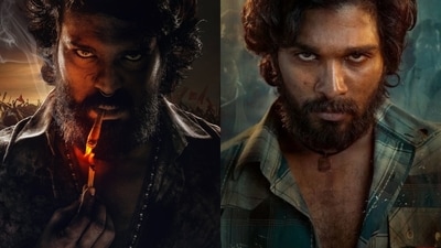 Ram Charan and Allu Arjun in stills from Peddi and Pushpa: The Rise. Ram Charan and Allu Arjun in stills from Peddi and Pushpa: The Rise.
