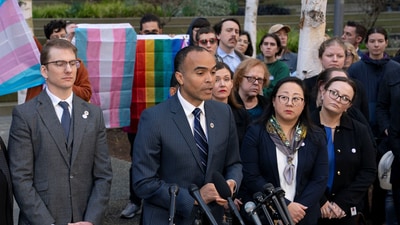Washington Attorney General Nick Brown speaks to the press after a hearing in the multi-state lawsuit over President Trump's order ending all federal funding or support for healthcare that aids gender transitions for people younger than 19, outside a courthouse in Seattle, Washington, (File) (REUTERS)