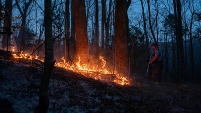COLUMBUS, NORTH CAROLINA - MARCH 23: Troutman Fire Department firefighter Sam Mills works a backburn preventative fire to stop the spread of the Deepwoods Fire on March 23, 2025 in Columbus, North Carolina. According to authorities evacuation orders were issued Sunday for parts of Polk County, North Carolina, where three large wildfires have burned more than 3,000 acres combined, with two of the blazes remaining out of control (Photo by Allison Joyce / GETTY IMAGES NORTH AMERICA / Getty Images via AFP) (Getty Images via AFP) COLUMBUS, NORTH CAROLINA - MARCH 23: Troutman Fire Department firefighter Sam Mills works a backburn preventative fire to stop the spread of the Deepwoods Fire on March 23, 2025 in Columbus, North Carolina. According to authorities evacuation orders were issued Sunday for parts of Polk County, North Carolina, where three large wildfires have burned more than 3,000 acres combined, with two of the blazes remaining out of control (Photo by Allison Joyce / GETTY IMAGES NORTH AMERICA / Getty Images via AFP) (Getty Images via AFP)