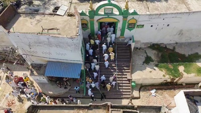 An aerial view of the devotees arriving to offer prayers (namaz) at the Shahi Jama Masjid in Sambhal. ANI (ANI)