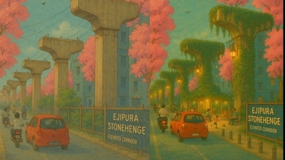A popular X (formerly Twitter) handle, Peak Bengaluru, shared an AI-generated image of the unfinished flyover. (X/@peakbengaluru) A popular X (formerly Twitter) handle, Peak Bengaluru, shared an AI-generated image of the unfinished flyover. (X/@peakbengaluru)