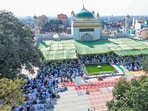 An aerial view of the devotees offering prayers (namaz) on the occasion of Jumma of Ramzan, at Shahi Jama Masjid in Sambhal earlier this month. An aerial view of the devotees offering prayers (namaz) on the occasion of Jumma of Ramzan, at Shahi Jama Masjid in Sambhal earlier this month.