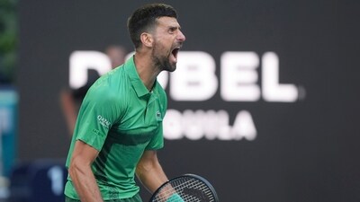 Novak Djokovic of Serbia celebrates after defeating Sebastian Korda during the Miami Open. (AP) Novak Djokovic of Serbia celebrates after defeating Sebastian Korda during the Miami Open. (AP)