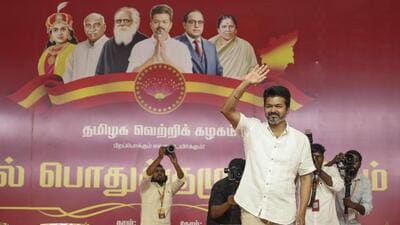 Actor and Tamilaga Vettri Kazhagam (TVK) chief Vijay during the party's first general council meeting in Chennai on Friday. (PTI) Actor and Tamilaga Vettri Kazhagam (TVK) chief Vijay during the party's first general council meeting in Chennai on Friday. (PTI)