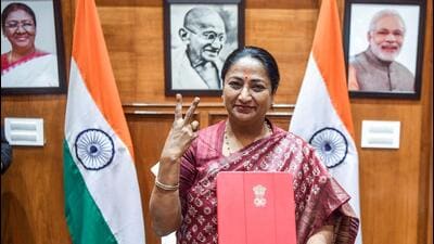 Delhi chief minister Rekha Gupta with the budget document at her office on Tuesday. (ANI Photo) Delhi chief minister Rekha Gupta with the budget document at her office on Tuesday. (ANI Photo)