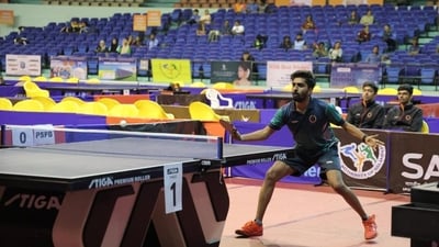 Payas Jain upsets G Sathiyan at WTT Star Contender Chennai. (HT_PRINT) Payas Jain upsets G Sathiyan at WTT Star Contender Chennai. (HT_PRINT)