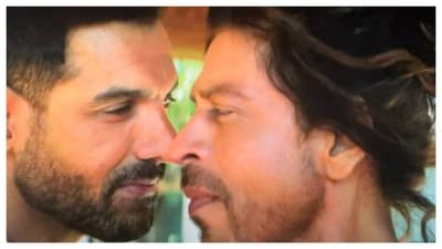 John Abraham and Shah Rukh Khan in a still from Pathaan. John Abraham and Shah Rukh Khan in a still from Pathaan.