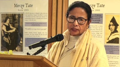 Mamata Banerjee delivers a keynote address on social development, girl child, and women empowerment in West Bengal at Kellogg College, University of Oxford. (X-@AITCofficial)