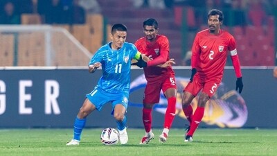 Suni Chhetri in action against Maldives on Wednesday. (Shibu Preman/AIFF) (HT_PRINT) Suni Chhetri in action against Maldives on Wednesday. (Shibu Preman/AIFF) (HT_PRINT)