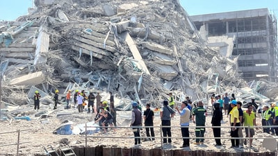 Rescuers work at the site of a collapsed building after the tremors of a strong earthquake that struck central Myanmar on Friday affected Bangkok, Thailand, March 28, 2025. (REUTERS)