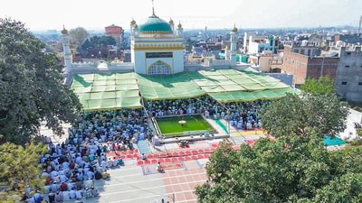 An aerial view of the devotees offering prayers (namaz) on the occasion of Jumma of Ramzan, at Shahi Jama Masjid in Sambhal earlier this month. (ANI/File) An aerial view of the devotees offering prayers (namaz) on the occasion of Jumma of Ramzan, at Shahi Jama Masjid in Sambhal earlier this month. (ANI/File)