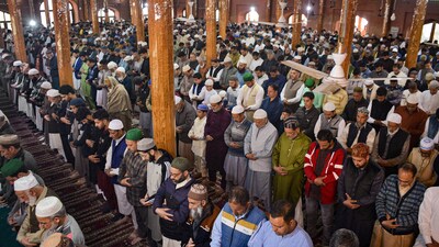 Muslims gather and offer Namaz at the historic Aali Masjid Eidgah in Srinagar. (PTI) Muslims gather and offer Namaz at the historic Aali Masjid Eidgah in Srinagar. (PTI)