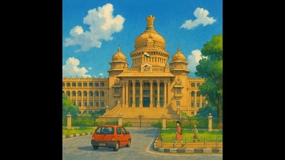 Vidhana Soudha – A Ghibli-style tribute to Bengaluru’s grand seat of power. (@anurag0__0)