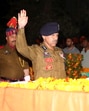 Director General of Police (DGP) Nalin Prabhat pays tribute to the mortal remains of three Jammu and Kashmir policemen Balwinder Singh Chib, Jaswant Singh, and Tariq Ahmed during a wreath laying ceremony at district police lines, in Kathua, Jammu and Kashmir, on Friday. (PTI)