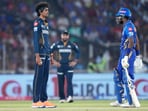 Mumbai Indians' captain Hardik Pandya, right, and Gujarat Titans' Sai Kishore exchanged words in a heated moment. Mumbai Indians' captain Hardik Pandya, right, and Gujarat Titans' Sai Kishore exchanged words in a heated moment.
