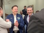 Elon Musk and US Defence Secretary Pete Hegseth laugh at the Pentagon in Washington, DC, on March 21.