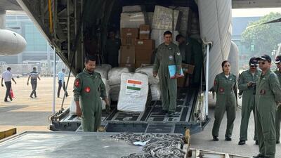 A transport aircraft of the Indian Air Force (IAF) landed in Yangon with the first tranche of aid and a search and rescue team and a medical team (XP division/MEA) A transport aircraft of the Indian Air Force (IAF) landed in Yangon with the first tranche of aid and a search and rescue team and a medical team (XP division/MEA)