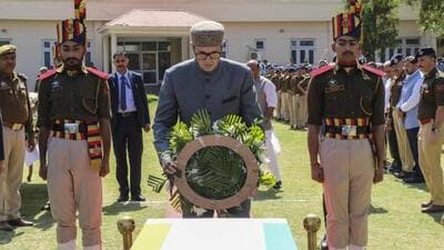 Jammu and Kashmir chief minister Omar Abdullah paying tribute to head constable Jagbir Singh, who made the supreme sacrifice during the Kathua encounter, in Jammu, on Saturday. (PTI Photo) Jammu and Kashmir chief minister Omar Abdullah paying tribute to head constable Jagbir Singh, who made the supreme sacrifice during the Kathua encounter, in Jammu, on Saturday. (PTI Photo)