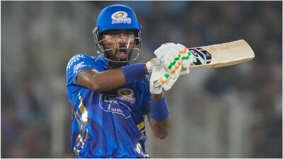 Hardik Pandya during the match against Gujarat Titans on Saturday (PTI) Hardik Pandya during the match against Gujarat Titans on Saturday (PTI)
