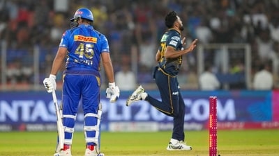 Mohammed Siraj dismissed Rohit Sharma for 8 in the IPL match between Gujarat Titans and Mumbai Indians. (PTI) Mohammed Siraj dismissed Rohit Sharma for 8 in the IPL match between Gujarat Titans and Mumbai Indians. (PTI)