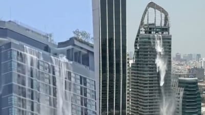 The heavy jolts of the earthquake prompted pool water from high-rise buildings and skyscrappers to be emptied onto roads in Bangkok, (X)