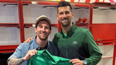 Lionel Messi and Novak Djokovic share a picture after Djokovic's semifinal win at the Miami Open. (Instagram) Lionel Messi and Novak Djokovic share a picture after Djokovic's semifinal win at the Miami Open. (Instagram)