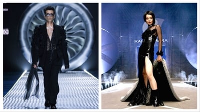 On March 29, Karan stole the show in a black ensemble as he turned showstopper for the famous designer duo Falguni Shane Peacock at Lakme Fashion Week.