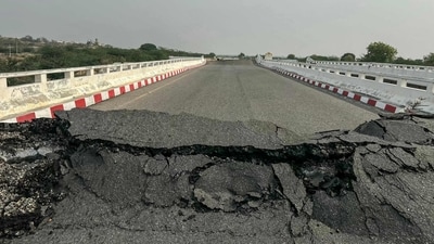 An earthquake of magnitude 7.7 struck central Myanmar on Friday, sending tremors till Thailand, China, Vietnam and India as well. In pic: Damage is seen on a road in Kyaukse district of Myanmar on March 29, 2025, (AFP) An earthquake of magnitude 7.7 struck central Myanmar on Friday, sending tremors till Thailand, China, Vietnam and India as well. In pic: Damage is seen on a road in Kyaukse district of Myanmar on March 29, 2025, (AFP)