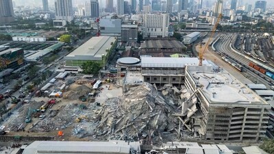 This aerial photograph shows the site of an under-construction building collapse in Bangkok on March 29, 2025, a day after the earthquake struck central Myanmar and Thailand. (AFP) This aerial photograph shows the site of an under-construction building collapse in Bangkok on March 29, 2025, a day after the earthquake struck central Myanmar and Thailand. (AFP)