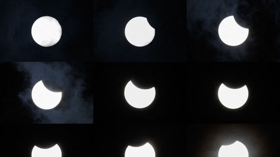 This combination of pictures shows a partial solar eclipse seen from Nantes on March 29, 2025. Skygazers across a broad swathe of the Northern Hemisphere will have a chance to see the Moon take a bite out of the Sun on March 29, 2025 when a partial solar eclipse sweeps from eastern Canada to Siberia. (AFP)